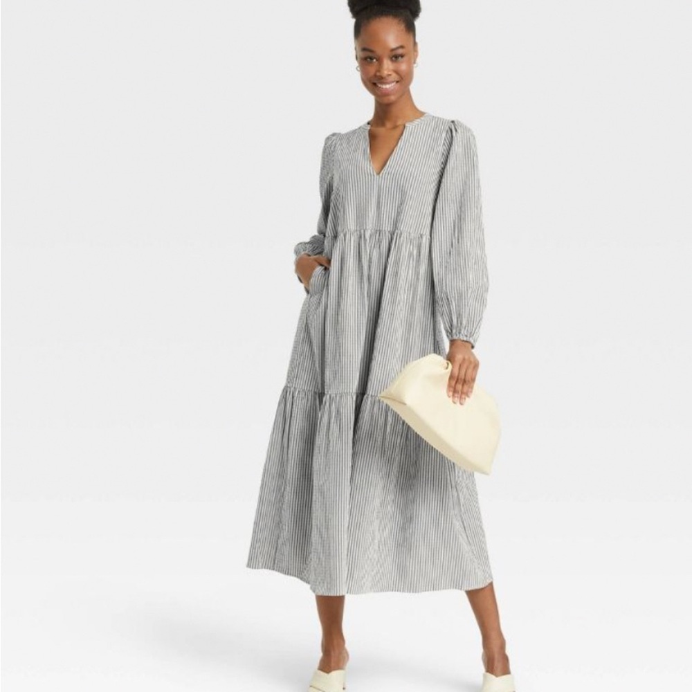 Coquette Milkmaid Tiered Long Sleeve Tiered Gray & White Stripes XL Pockets NWT - Picture 7 of 11